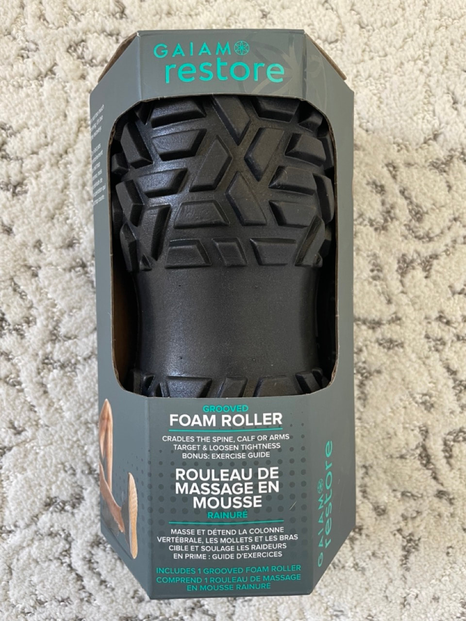 GAIAM RESTORE GROOVED FOAM ROLLER – cradles calves, arms and spine